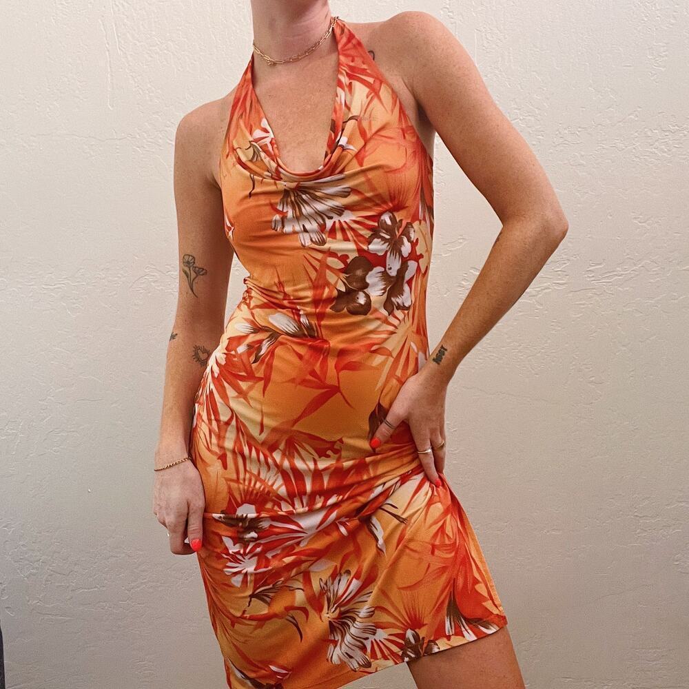 Vintage Y2K Orange Hawaiian Flower Cowl Neck Halter Slip Dress - Picture 7 of 8